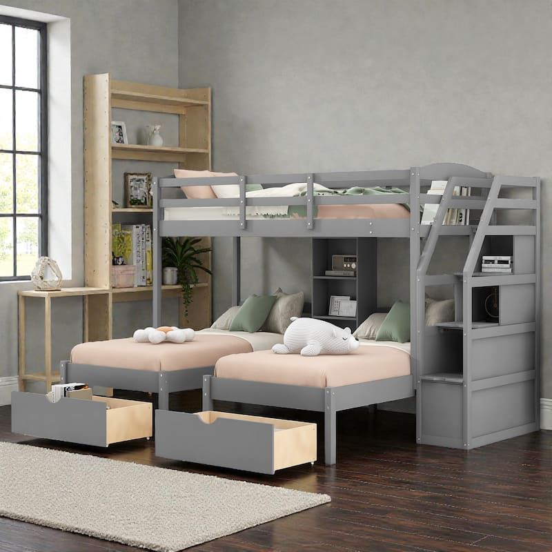 Triple Bunk Bed Twin over Twin&Twin with Drawers, Storage Staircase and Built-in Shelves, Solid Wood Frame