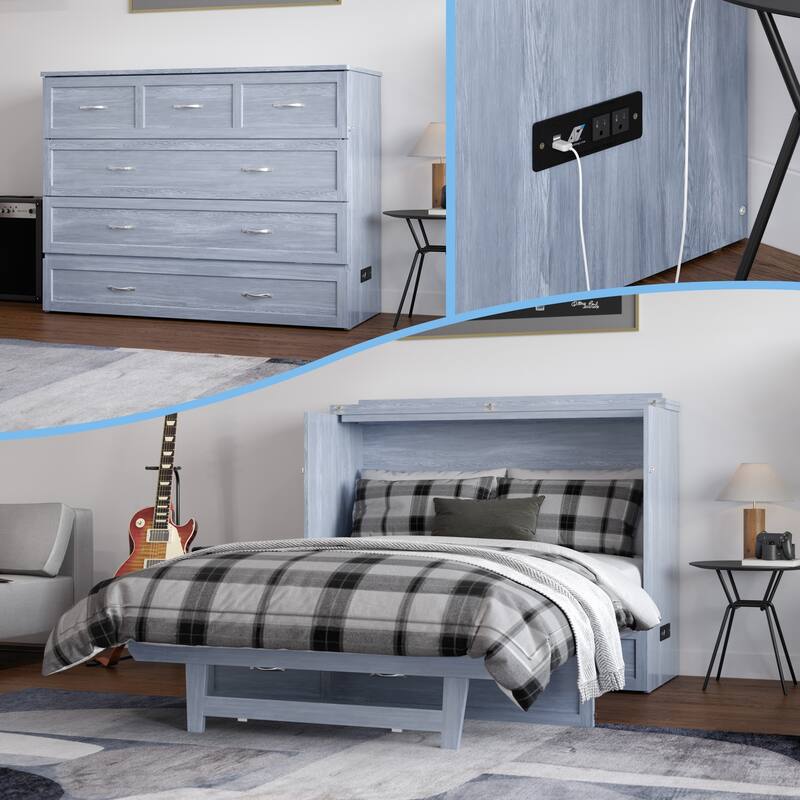 AFI Northfield Murphy Bed Chest with 6" Mattress, Storage Drawer & Built-In Charger - Driftwood - Full