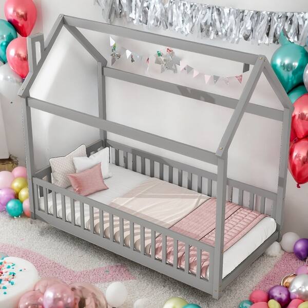 slide 2 of 13, Kids and Baby Twin Size House Bed Platform Bed with Guardrails and Slats Grey