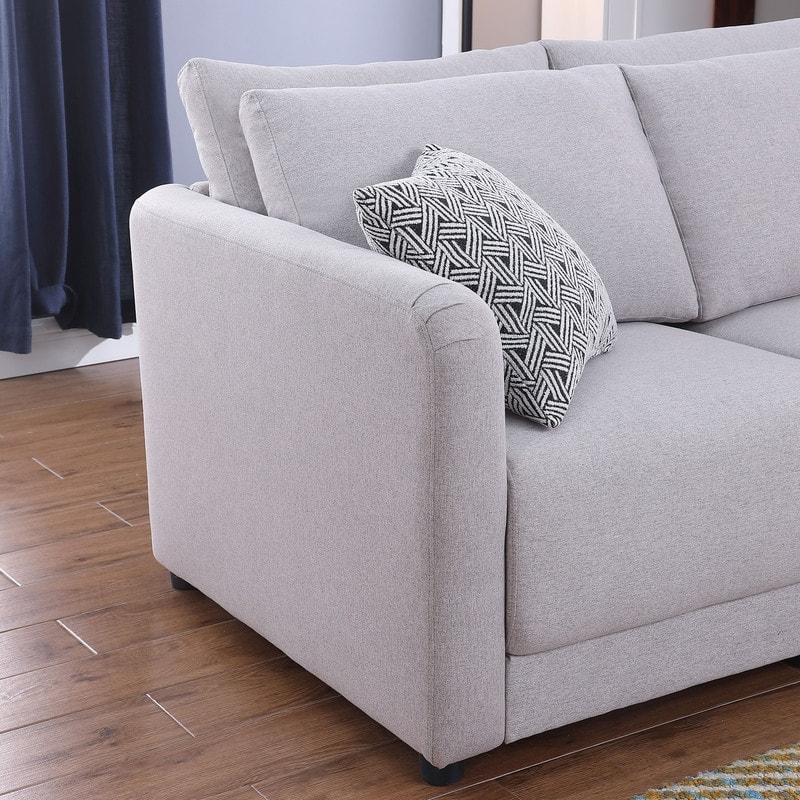 Penelope Light Gray Linen Fabric 4-Seater Sofa with Ottoman & Pillows