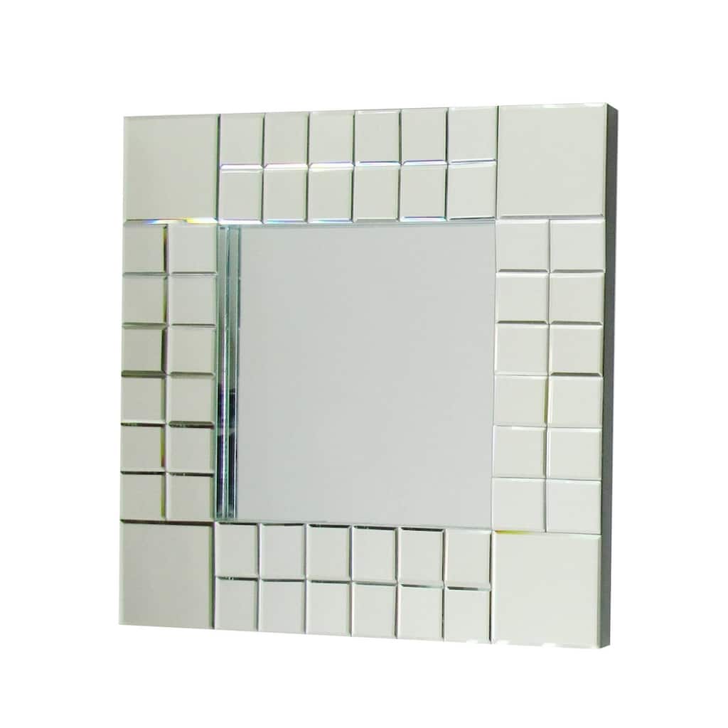 Square Beveled Mirror with Grid Like Accent, Silver