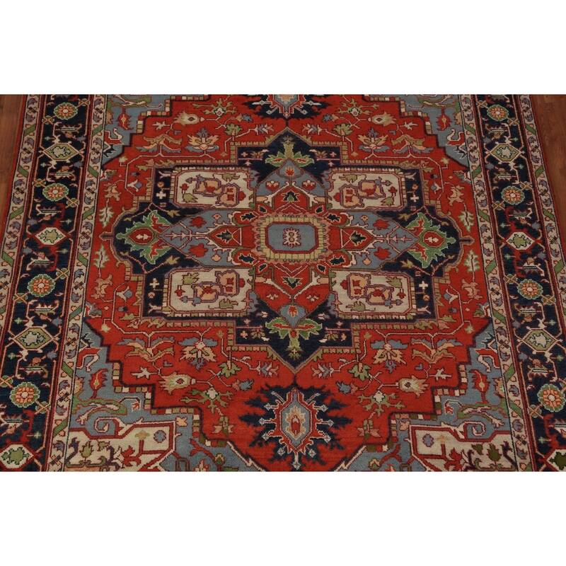 Orange Medallion Heriz Serapi Indian Rug Hand-Knotted Wool Carpet - 8'11"x 11'7"