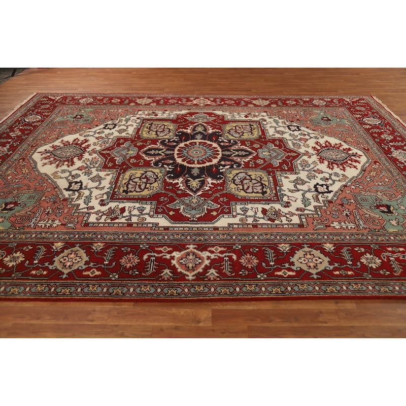 Hand Knotted Oriental 100% Wool Carpet Traditional Medallion Beige & Ivories Heriz (serapi) Area Rug - 12' 2'' X 8' 9''