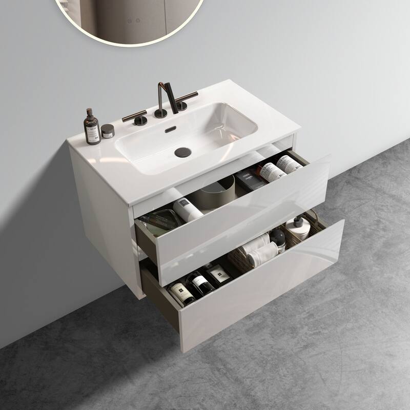 36-Inch Wall Mount Bathroom Vanity in Space Grey with Ceramic Sink, Large Storage
