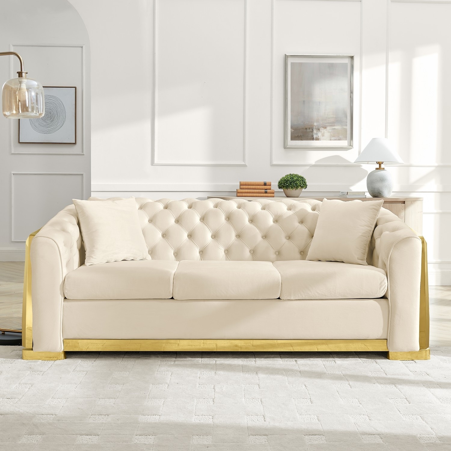 84" 3-Seater Velvet Button Tufted Sofa with Gold Steel Decoration