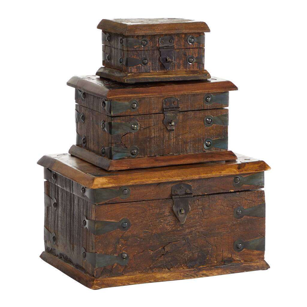 Reclaimed Wood Box with Hinged Lid - Set of 3 Brown - Roche River Decor - 9"W x 11"L x 6"H