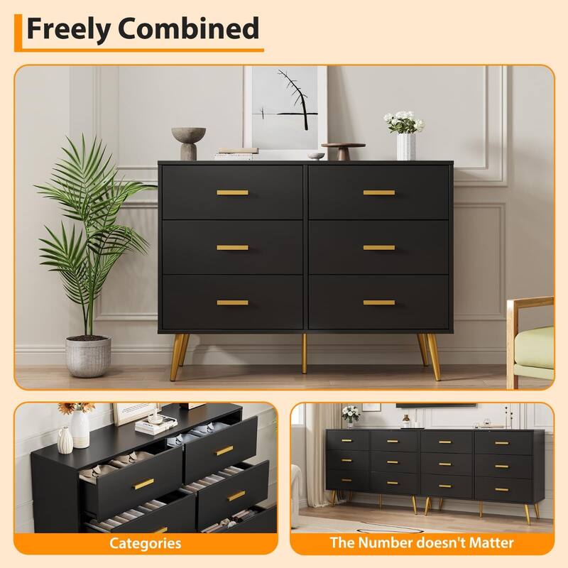 Modern 6 Drawer Dresser in White and Black, Featuring Gold Handles, Wide Wooden Drawers for Bedroom