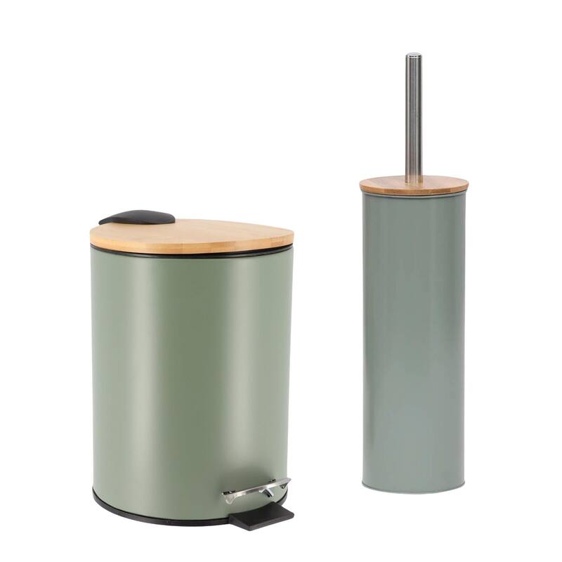 Bathroom Set with Bamboo Lid - Matte Metal Trash Can and Toilet Brush - 15.6" H x 11" L x 11" W - Green