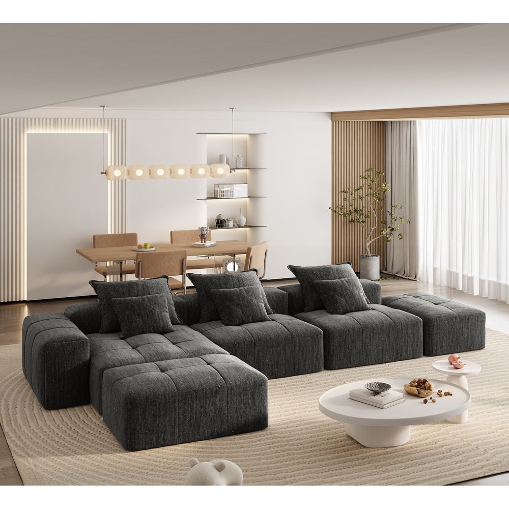 Modern Oversized Modular Sectional Sofa, Chenille Fabric Floor Couch with 6 Pillows, 5-Seater Upholstered Tufted Sofa