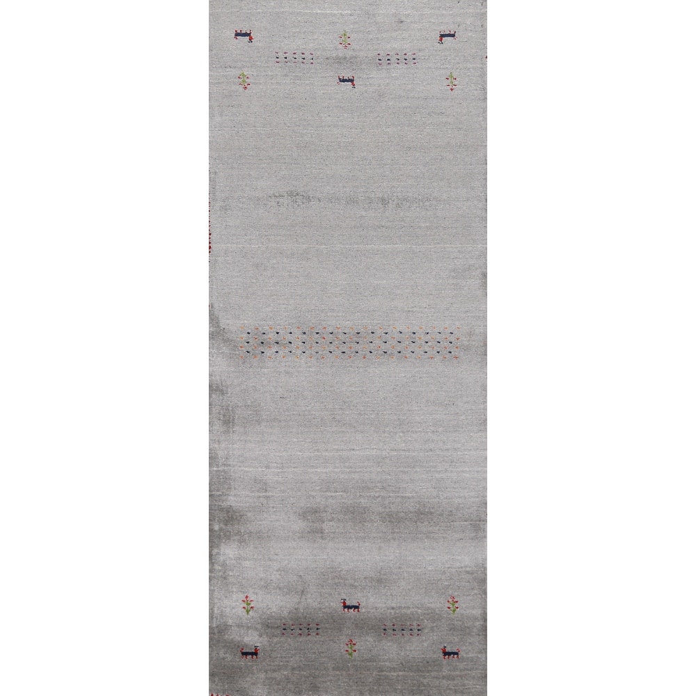 Hand Knotted Oriental 100% Wool Carpet Tribal Animal Pictorial Greys & Charcoal Gabbeh Runner Rug - 7' 9'' X 2' 7''