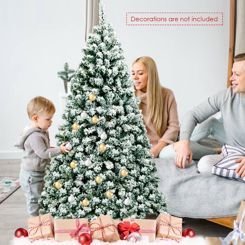 Gymax 6ft Pre-lit Snow Flocked Christmas Tree Hinged Pine Tree Holiday - See Details
