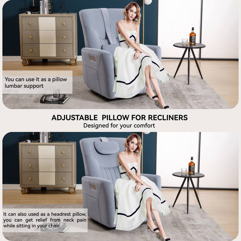 Ergonomic Swivel and Rocker Power Recliner Chair for Elderly, Lving Room Single Sofa w/Lumbar & Neck Support Pillow & USB Ports