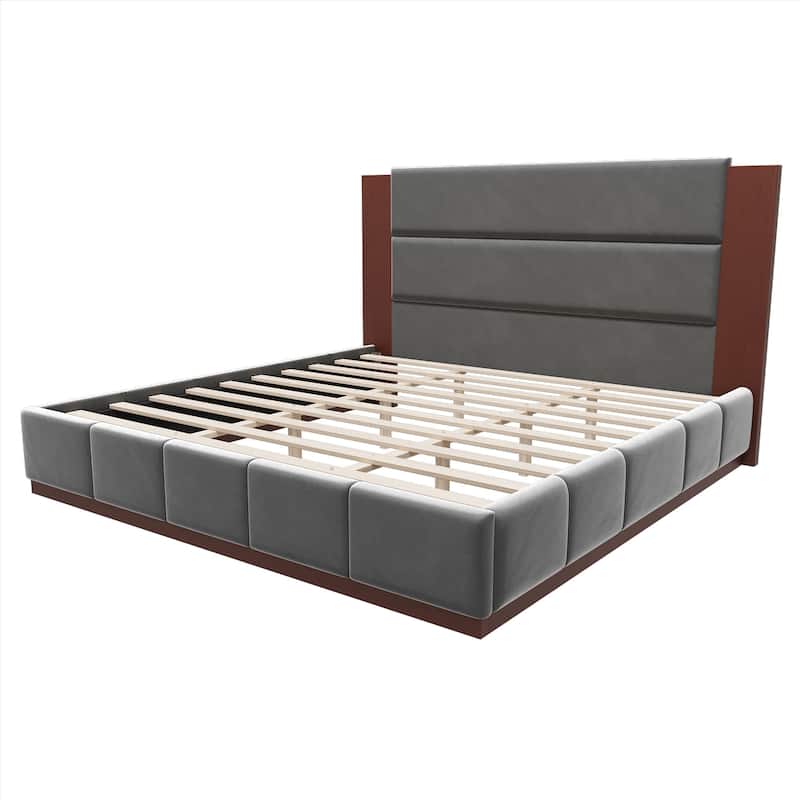 Upholstered Bed Low Profile Platform Bed Modern Wood Base Grounded Bed with Extended Wood Headboard and Upholstered Wingback