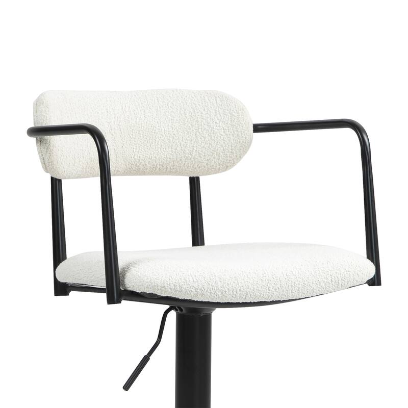 Bedivere Beige Boucle Fabric Adjustable Swivel Bar Stool with Black Iron Arms and Pedestal Leg