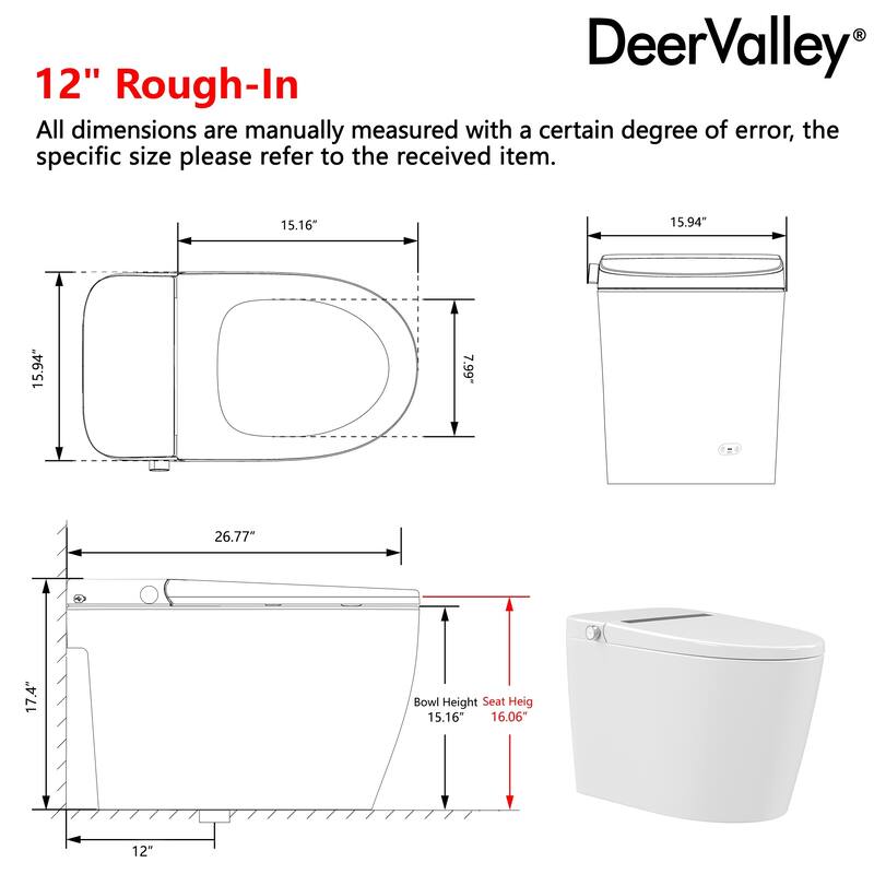 DeerValley smart toilet, heated seat, warm dryer, foot sensor operation, night light, non tank toilet with LED display screen