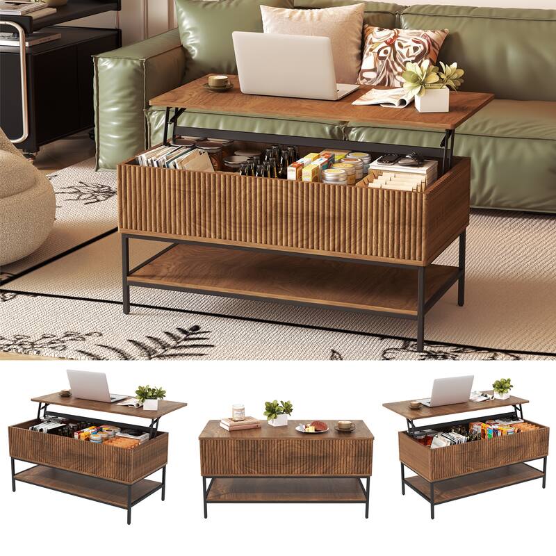 Lift Top Coffee Table 39.4 Inch Rectangle, Farmhouse Style with Hidden Storage & Lower Shelf, Sturdy Steel Legs