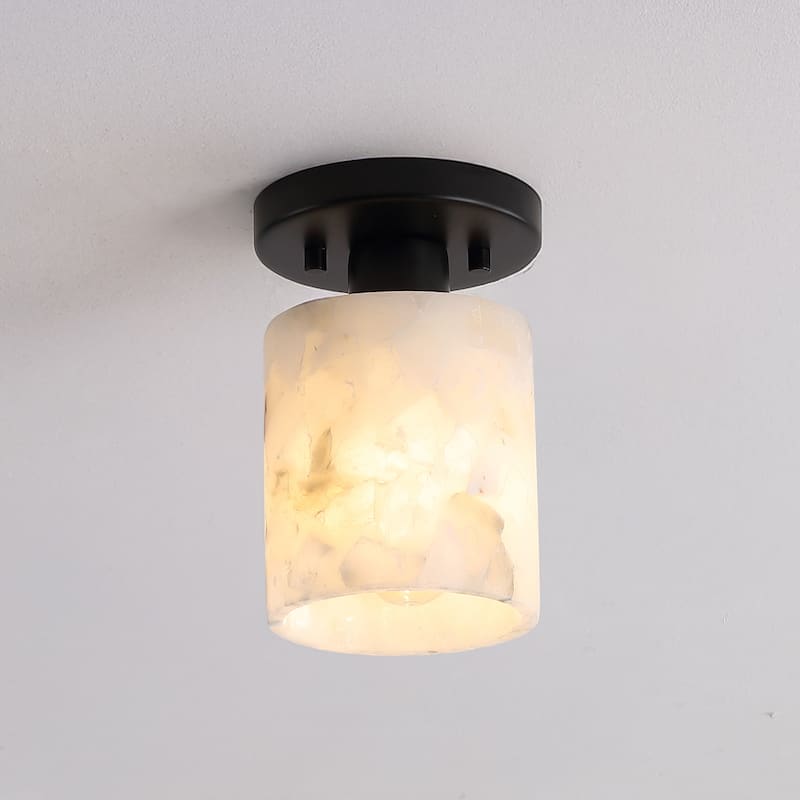 Hadley 5.13" 1-Light Modern Contemporary Alabaster/Iron Cylinder LED Semi Flush Mount, White Marbling/Brass Gold by JONATHAN Y
