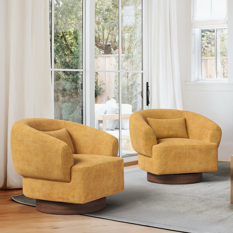 Set of 2 Chenille Upholstered Swivel Barrel Accent Chair with Solid Wood Base for Living Room - Ginger