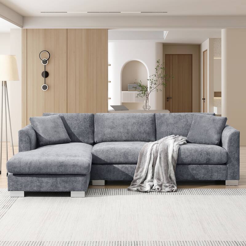 L-Shaped Sectional Sofa with Chaise Lounge, Oversized Chenille Upholstered Sofa, 4 Seater Sofa with 2 Throw Pillows