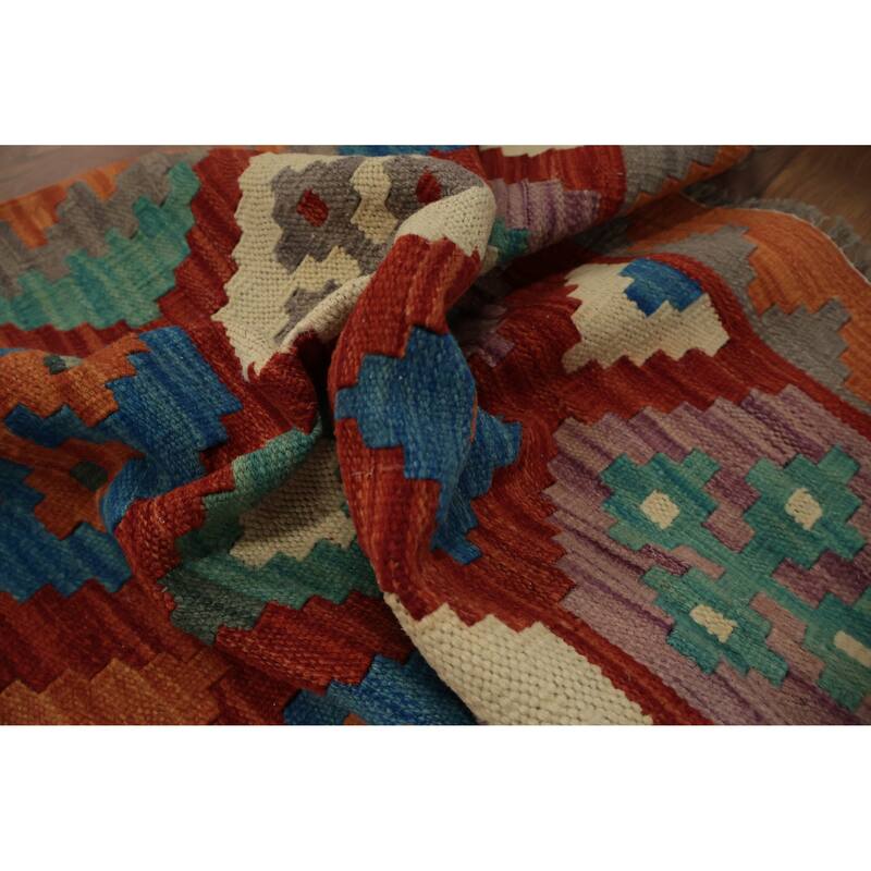 Hand Woven Oriental 100% Wool Carpet Southwestern Geometric Oranges & Rust Kilim Runner Rug - 9' 4'' X 2' 5''