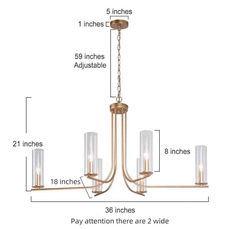 Modern Gold 6-Light 36 in. W Cylinder Glass Chandelier for Dining Room Living Room