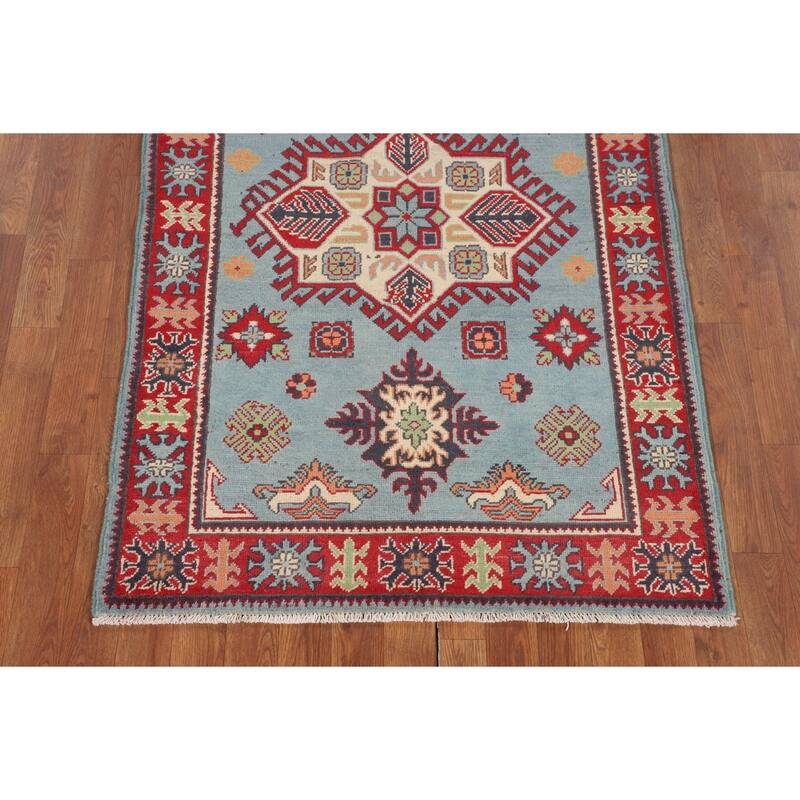 Geometric Blue Kazak Oriental Accent Rug Handmade Wool Carpet - 3'6" x 5'0"