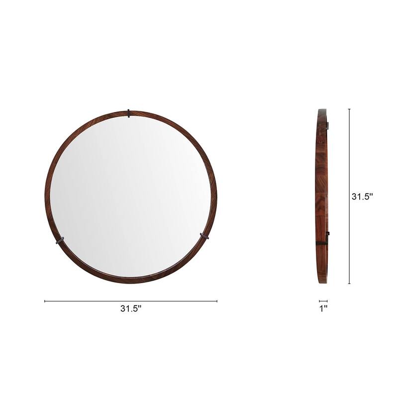 Mid-Century Modern Round Accent Mirror - Brown Walnut Wood & Veneer