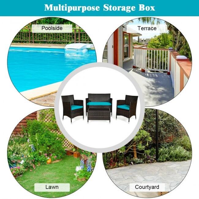 Rattan Patio Conversation Furniture Set with Glass Table and Comfortable Sofa - 4 Pcs