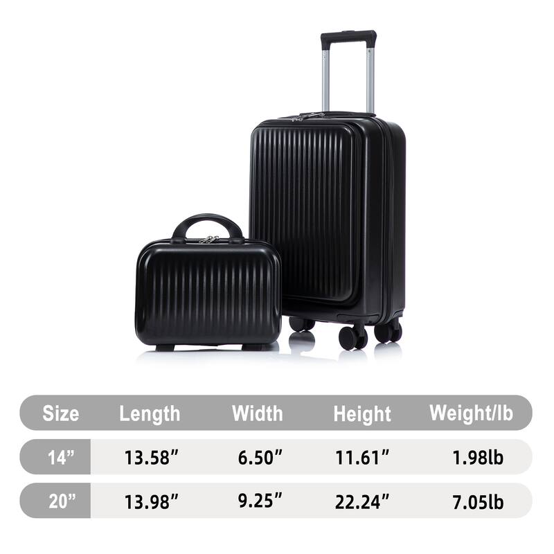 14"/20" 2 pcs/set in ABS Spinner Wheel Luggage, with Combination Lock and Front Opening Design, 14" Cosmetic Case