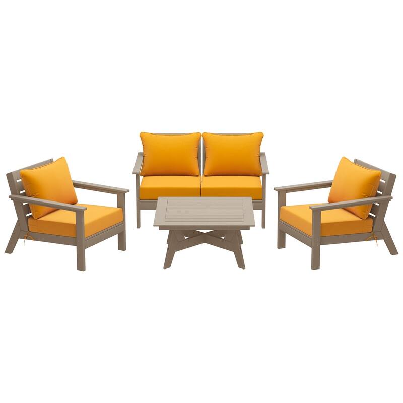 Birchwood All Weather HDPE Outdoor Patio Weathered Wood Deep Seating Conversation Set (5-Piece Set)