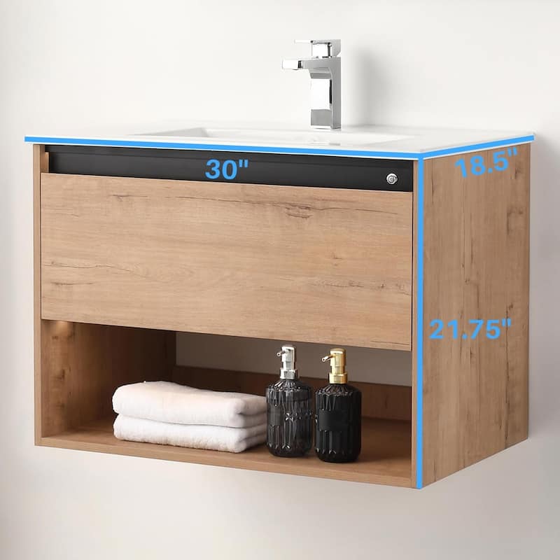 Blossom Bergen Wall Mounted Floating Bathroom Vanity with Sink - Oak - 30" Ceramic Sink