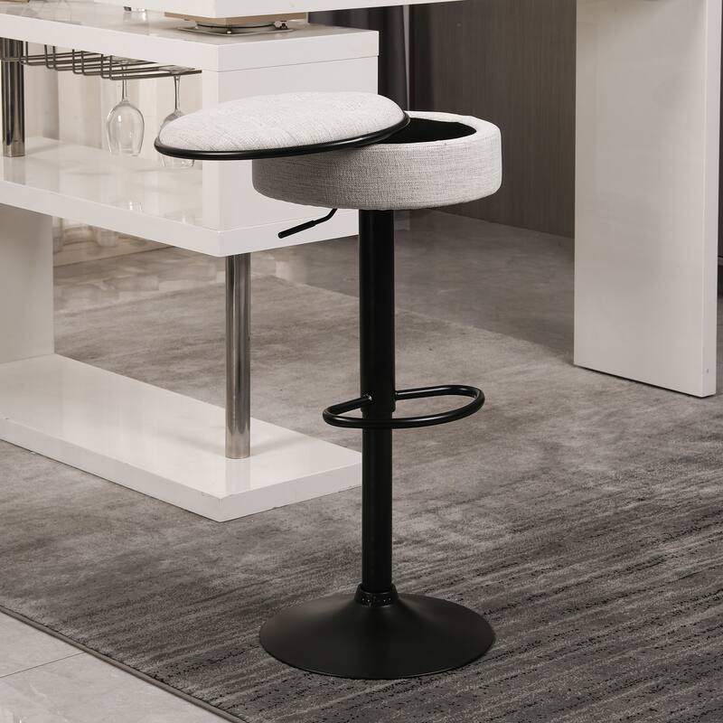 Adjustable Linen Bar Stools with Storage, Set of 2 Round Swivel Counter Height Stools, Modern Armless Bar Chairs for Kitchen