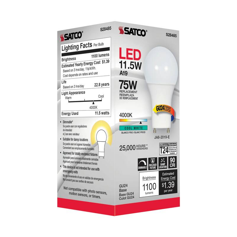 11.5 Watt A19 LED 90CRI 4000K GU24 base 220 deg. Beam Angle 120 Volt 1100 Lumens CEC - White