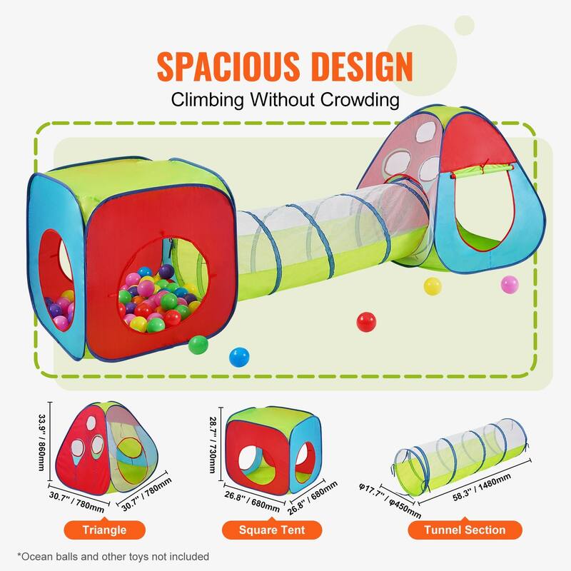 Multi Color Polyester Kids Play Tent Tunnel Set, 3 Piece Crawl and Climb Kit - 30.7” L x 30.7” W x 33.9'' H/