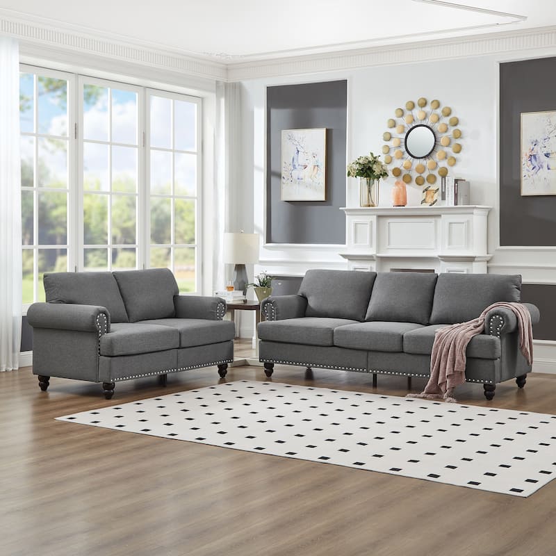 Roomfitters Modern Classic 2+3 Seater Sofa Set with Nailhead Trim, Upholstered Fabric Couch for Living Room