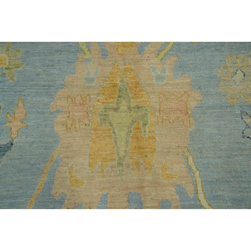 Floral Blue Wool Oushak Vegetable Dye Area Rug, Floral Geometric Carpet - 12' 4'' X 9' 4''