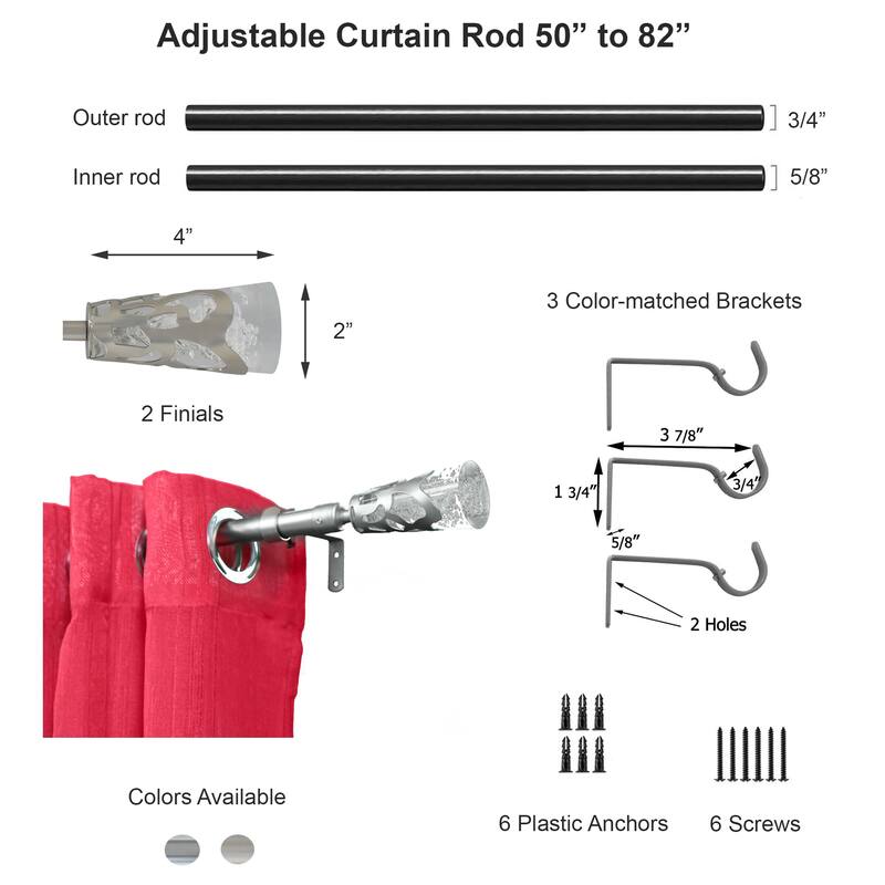 Adjustable Single Curtain Rod 50"-82" with Crystal-Look Finials and Brackets, Available in Silver or Chrome Finish