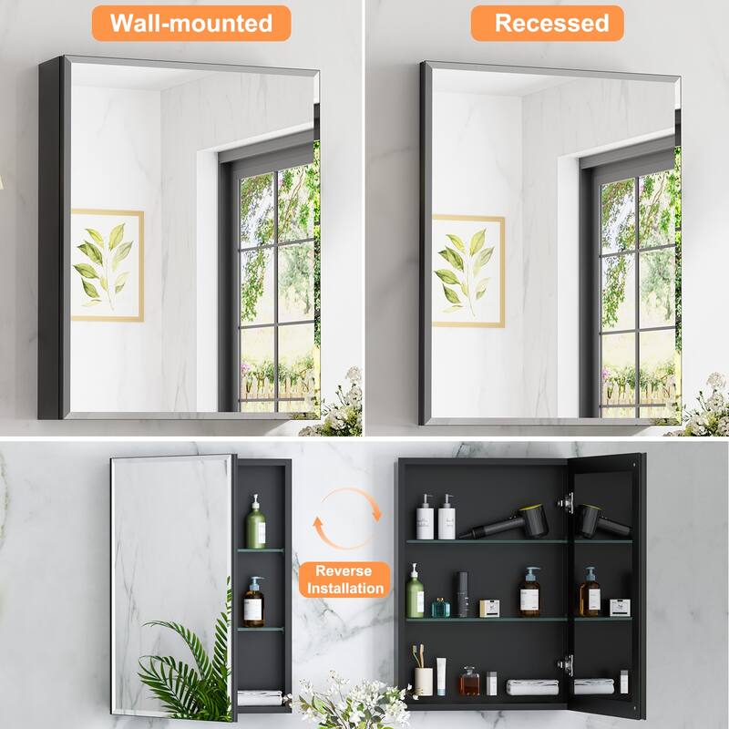 Belle Medicine Cabinet with Mirror, Adjustable Shelves, Recessed or Wall Mount