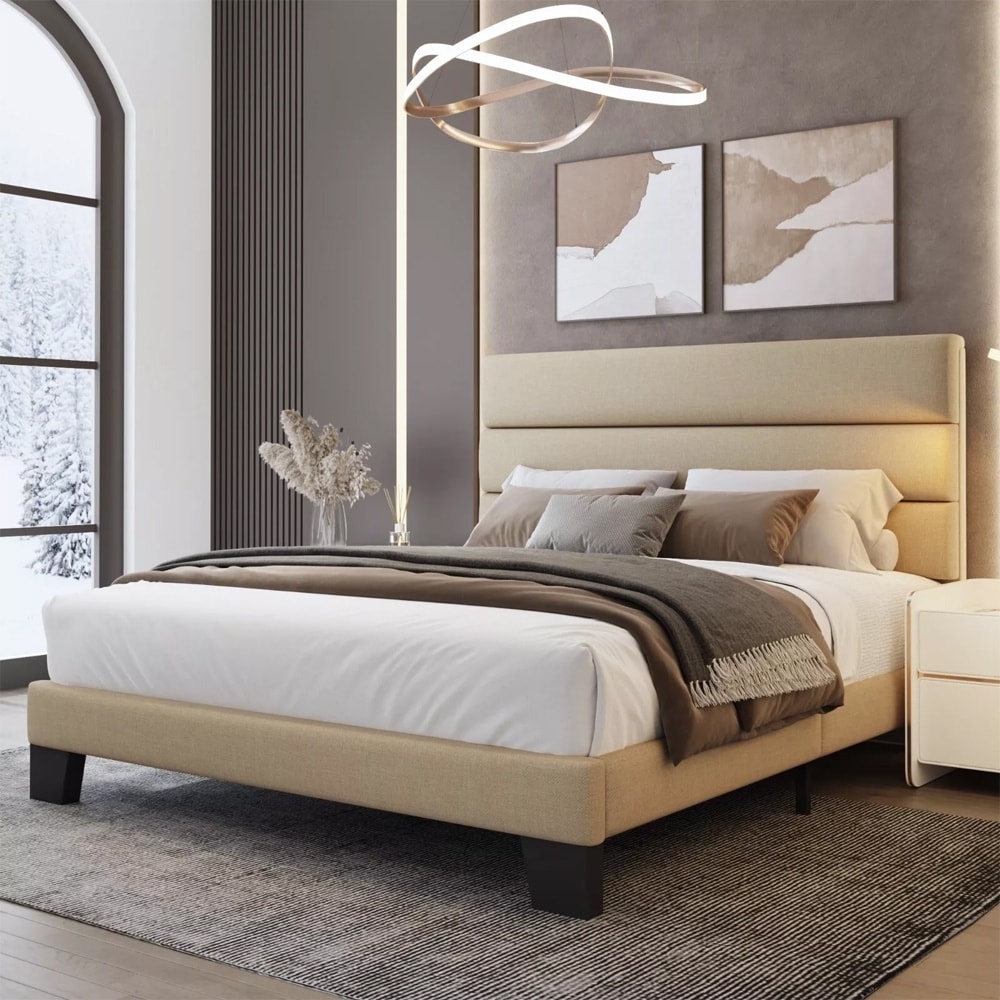 Queen Size Platform Bed Frame With Fabric Upholstered Headboard Beige