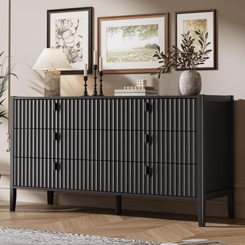 Modern Dresser, Fluted Wood Chest with Deep Drawers for Bedroom, Living Room - Black - 6-drawer