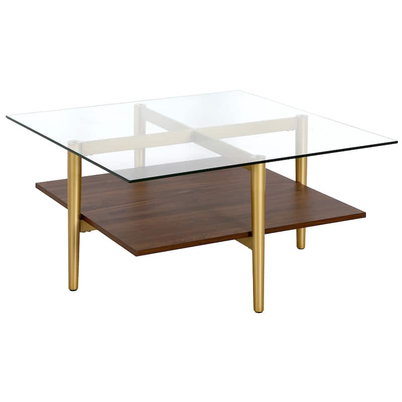 32" Square Modern Coffee Table with Glass Top and Metal Legs Lower Shelf Storage for Living Room - 32"L x 32"W x 17"H