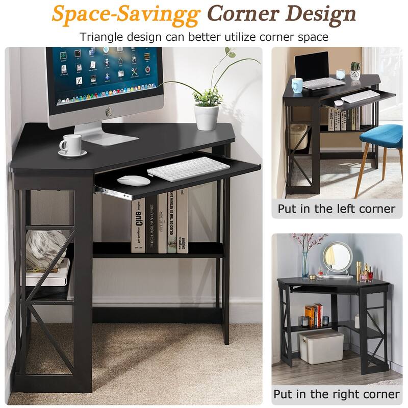 VECELO Triangular Corner Desk with Keyboard Tray Space Saving Metal Computer Desk for Home Office Study Bedroom