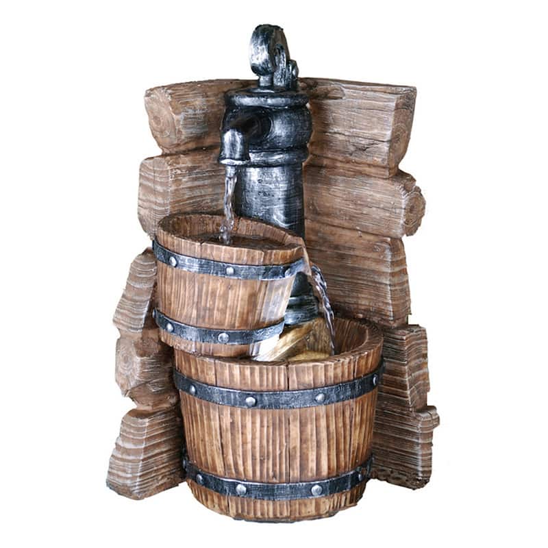 Tay 12 Inch Tabletop Water Fountain, Barrels, LED, Pebble Stones, Brown