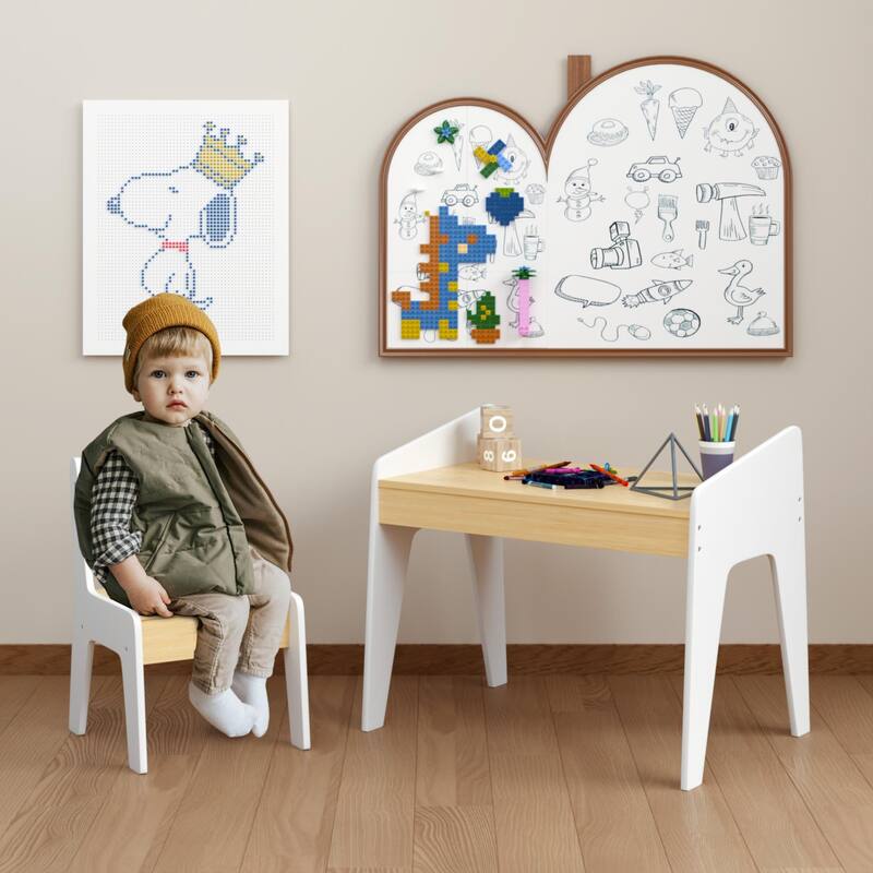 Kids Table Set with One Chair, Wooden Children Study Table, 2-8 Age Kids Funiture
