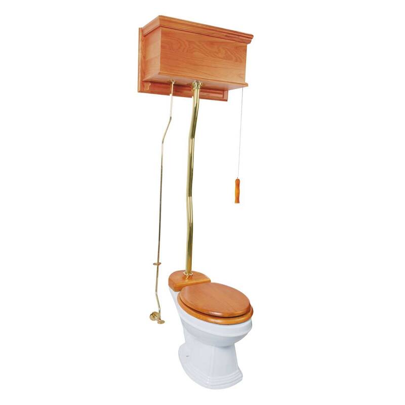 High Tank Toilet - Light Oak Raised Tank, White Round Bowl and Chrome L Pipes Renovators Supply