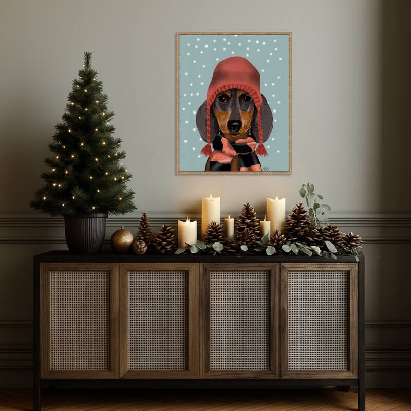 Dachshund With Woolly Hat and Scarf by Fab Funky (23 x 28 in.), Framed Canvas Wall Art Print - Sylvie Beaded Rustic Natural