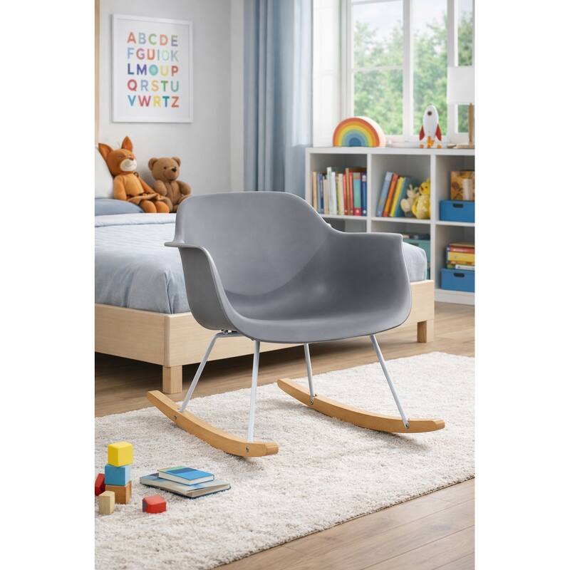 Modern Rocking Chair Molded Plastic Armchair with Wooden Rockers and White Metal Frame