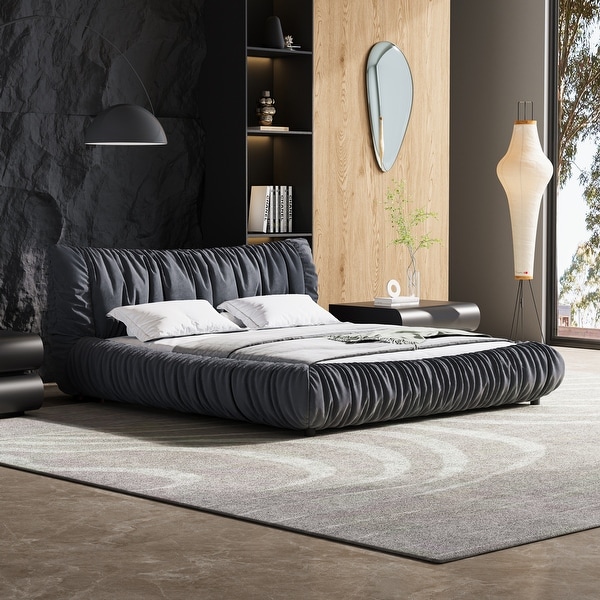 Contemporary Upholstered Bed with Oversized Ruched Headboard King Size Platform Bed Modern Affluent Style Bed Frame Dark Grey On Sale Bed Bath Beyond 41481992