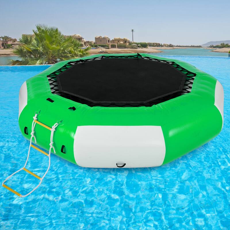 VEVOR Inflatable Water Trampoline Round Inflatable Water Bouncer with Ladder - 10ft green&white