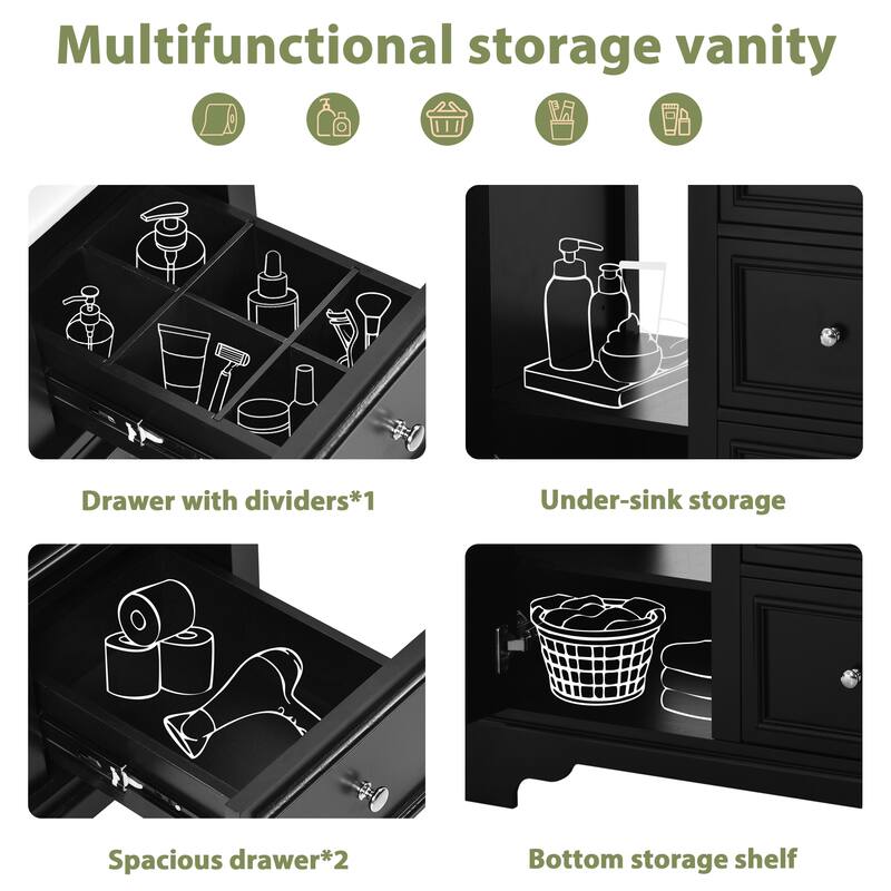 30" bathroom vanity cabinet with ceramic basin, 3 drawers and adjustable shelves